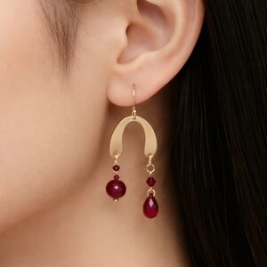 Gold Asymmetrical Horseshoe Earrings with Red Swarovski Crystals